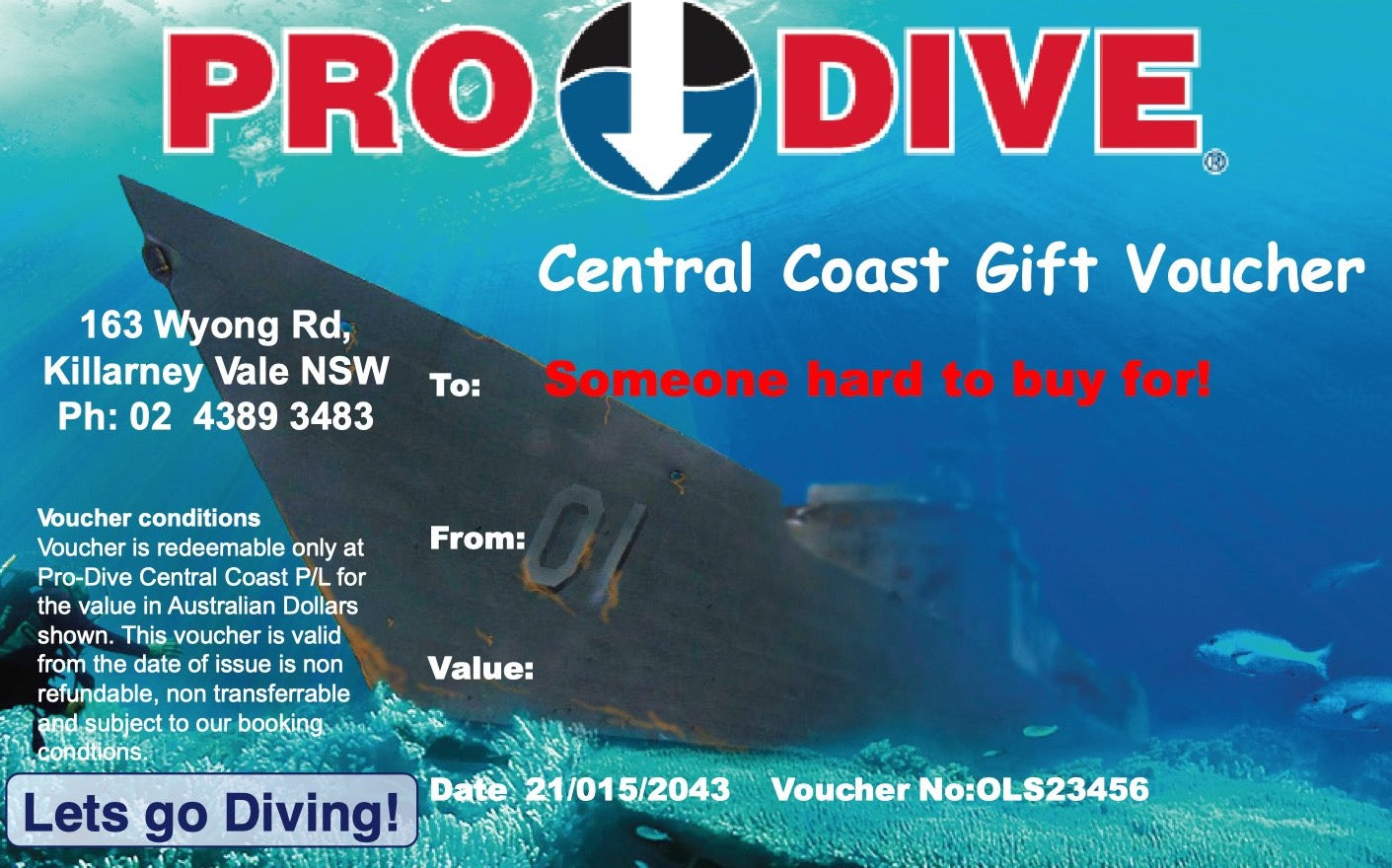gift card available for people to purchase, features sunken ship sitting on ocean bottom 