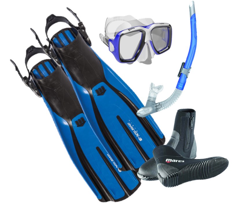 plana avanti x3 fin package combined with ray mask, ergo flex snorkel and mares 5mm neoprene boots