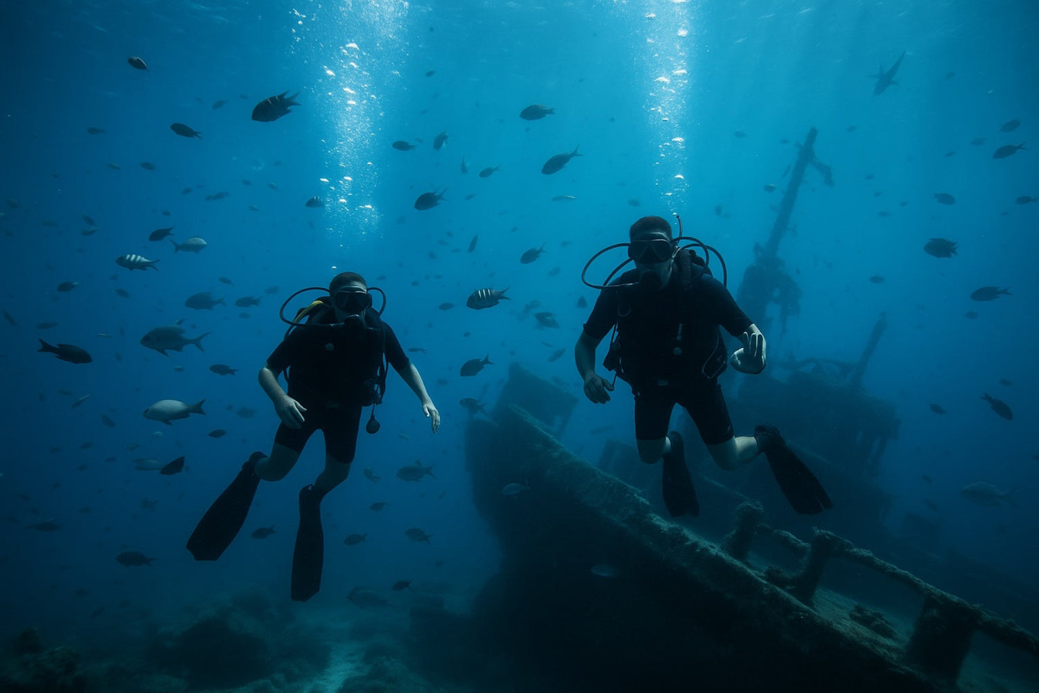 two divers hovering above an underwater wreck