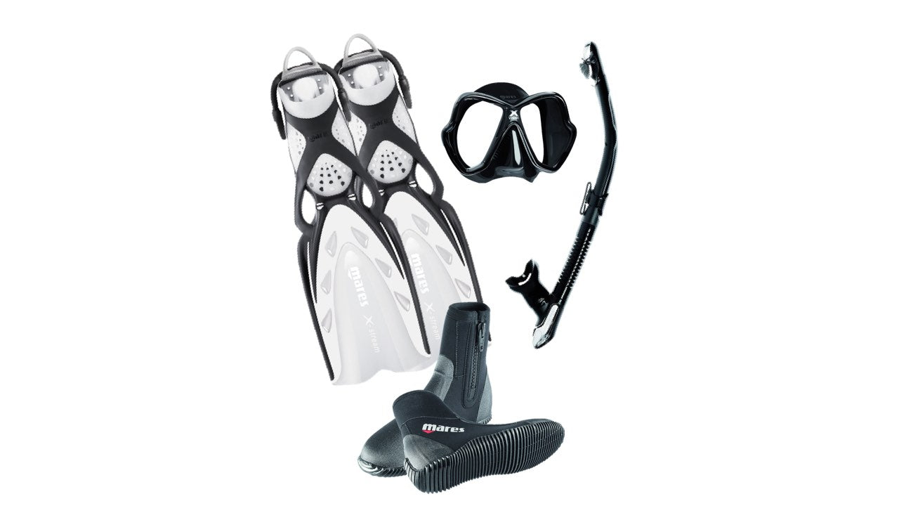 stream fins, neoprene boots, vision mask, ergo flex snorkel